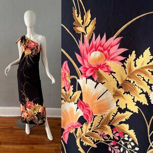 Vintage 60s 70s Black Hawaiian One Shoulder Floral Maxi Dress XS/S
